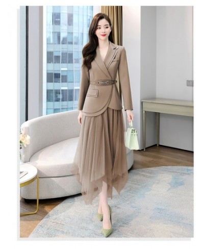 Women's Sets Belt Blazer+Elastic Waist Pleated Tulle Mesh Skirt Suit Two Piece Set Fashion Office Lady Women 2 Piece Skirt $1...