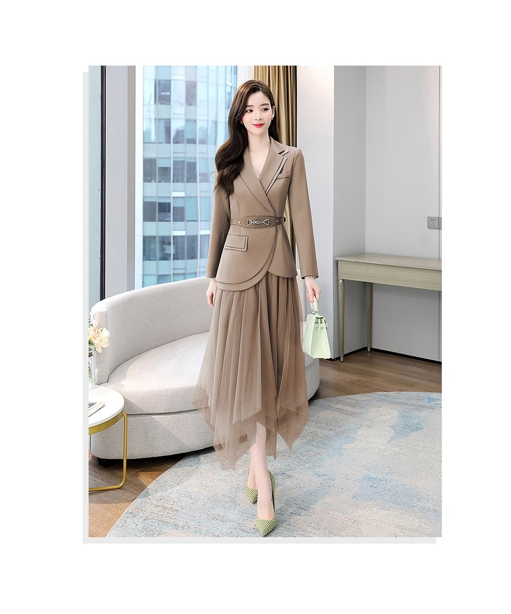 Women's Sets Belt Blazer+Elastic Waist Pleated Tulle Mesh Skirt Suit Two Piece Set Fashion Office Lady Women 2 Piece Skirt $1...