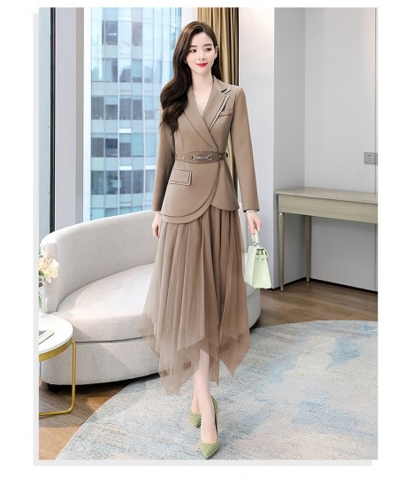 Women's Sets Belt Blazer+Elastic Waist Pleated Tulle Mesh Skirt Suit Two Piece Set Fashion Office Lady Women 2 Piece Skirt $1...