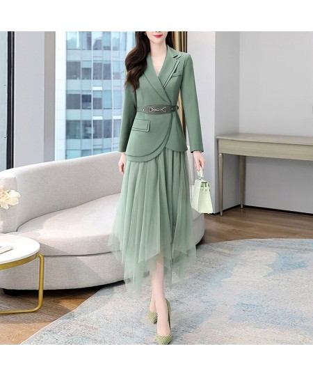 Women's Sets Belt Blazer+Elastic Waist Pleated Tulle Mesh Skirt Suit Two Piece Set Fashion Office Lady Women 2 Piece Skirt $1...