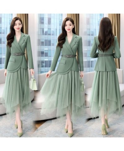 Women's Sets Belt Blazer+Elastic Waist Pleated Tulle Mesh Skirt Suit Two Piece Set Fashion Office Lady Women 2 Piece Skirt $1...