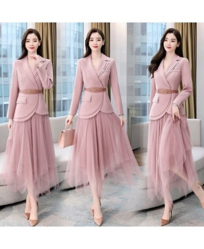 Women's Sets Belt Blazer+Elastic Waist Pleated Tulle Mesh Skirt Suit Two Piece Set Fashion Office Lady Women 2 Piece Skirt $1...