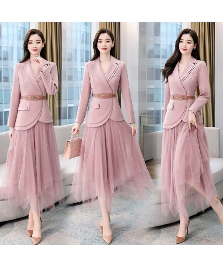 Women's Sets Belt Blazer+Elastic Waist Pleated Tulle Mesh Skirt Suit Two Piece Set Fashion Office Lady Women 2 Piece Skirt $1...