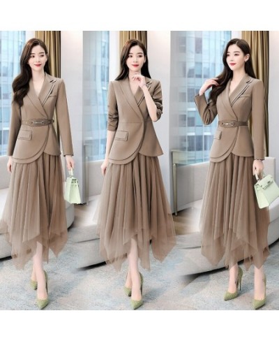 Women's Sets Belt Blazer+Elastic Waist Pleated Tulle Mesh Skirt Suit Two Piece Set Fashion Office Lady Women 2 Piece Skirt $1...