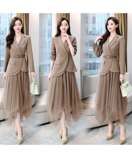 Women's Sets Belt Blazer+Elastic Waist Pleated Tulle Mesh Skirt Suit Two Piece Set Fashion Office Lady Women 2 Piece Skirt $1...