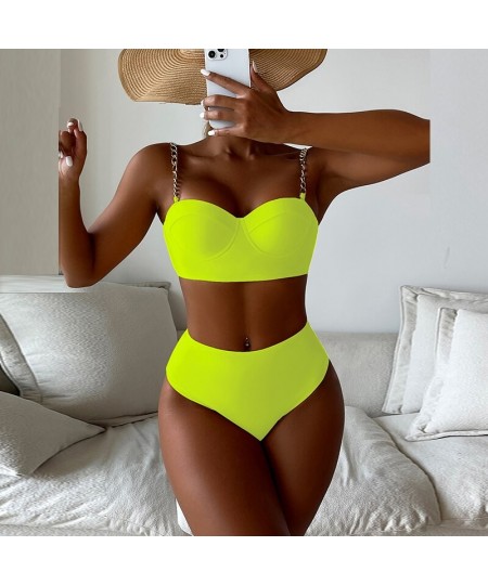 Sexy Women Chain Sling Solid Color Swimwear 2023 High Waist Patchwork Bikini Set Two Piece Underwire Push Up Beach Bathing Su...