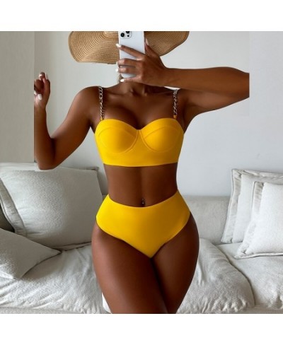 Sexy Women Chain Sling Solid Color Swimwear 2023 High Waist Patchwork Bikini Set Two Piece Underwire Push Up Beach Bathing Su...