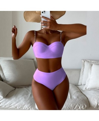 Sexy Women Chain Sling Solid Color Swimwear 2023 High Waist Patchwork Bikini Set Two Piece Underwire Push Up Beach Bathing Su...