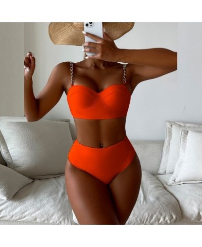 Sexy Women Chain Sling Solid Color Swimwear 2023 High Waist Patchwork Bikini Set Two Piece Underwire Push Up Beach Bathing Su...