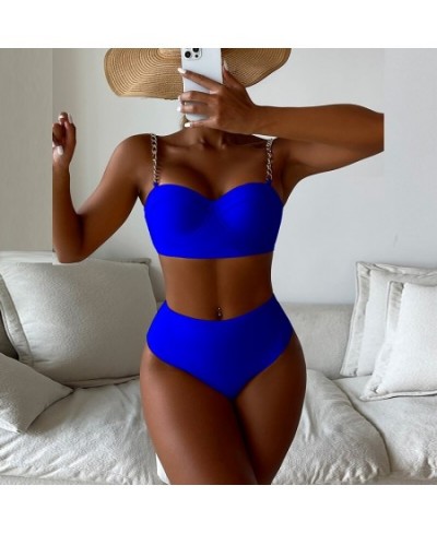 Sexy Women Chain Sling Solid Color Swimwear 2023 High Waist Patchwork Bikini Set Two Piece Underwire Push Up Beach Bathing Su...