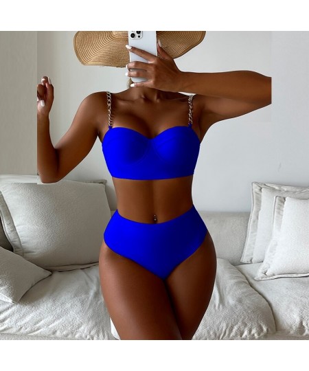 Sexy Women Chain Sling Solid Color Swimwear 2023 High Waist Patchwork Bikini Set Two Piece Underwire Push Up Beach Bathing Su...