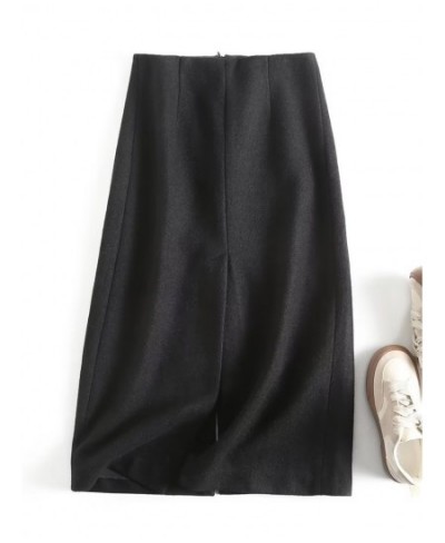 Women 2022 Sexy Slits Woolen Midi Pencil Skirt Vintage Black High Waist Autumn Winter Female Skirts $58.08 - Skirts