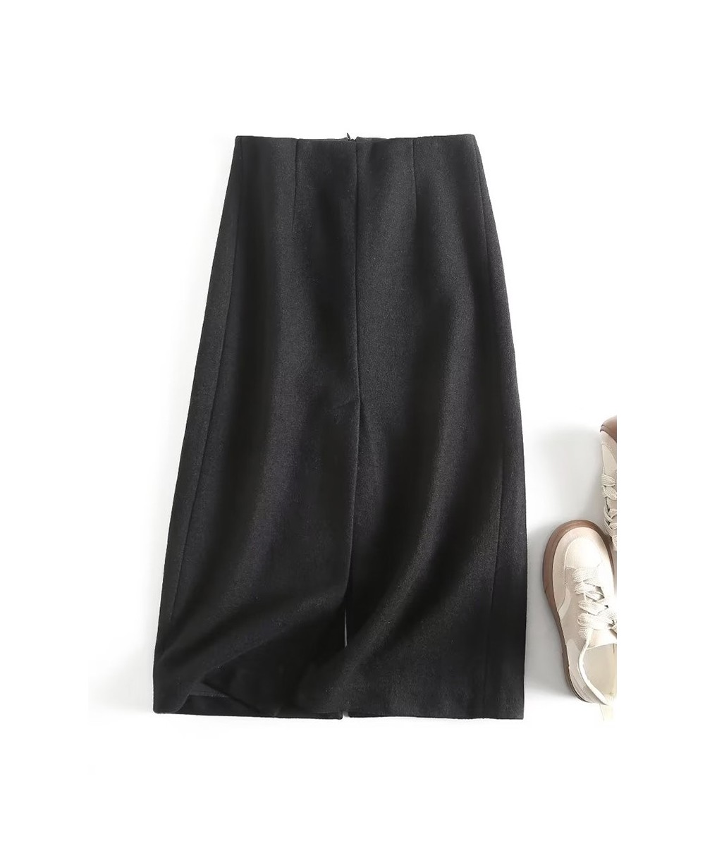 Women 2022 Sexy Slits Woolen Midi Pencil Skirt Vintage Black High Waist Autumn Winter Female Skirts $58.08 - Skirts