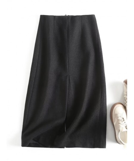 Women 2022 Sexy Slits Woolen Midi Pencil Skirt Vintage Black High Waist Autumn Winter Female Skirts $58.08 - Skirts