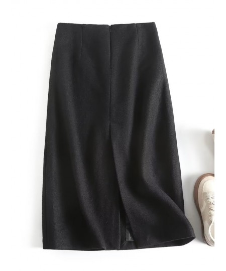 Women 2022 Sexy Slits Woolen Midi Pencil Skirt Vintage Black High Waist Autumn Winter Female Skirts $58.08 - Skirts