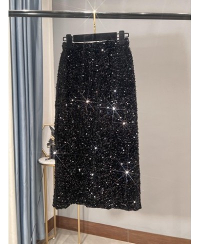 2022 New Thickened French High-waisted Slim Versatile Mid-length Skirt with Hip Wrap Slit Black Sequin Skirt for Women $63.14...