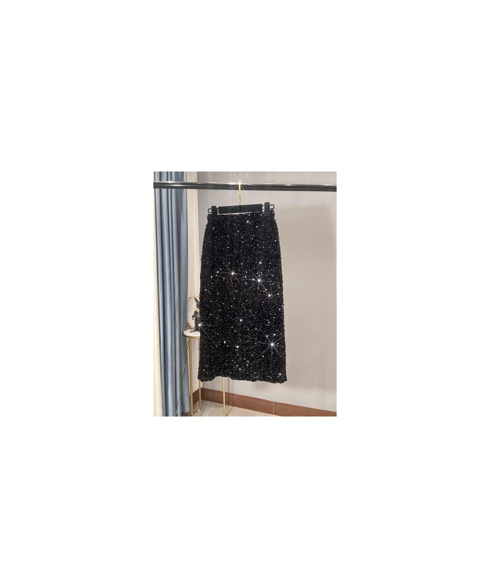 2022 New Thickened French High-waisted Slim Versatile Mid-length Skirt with Hip Wrap Slit Black Sequin Skirt for Women $63.14...