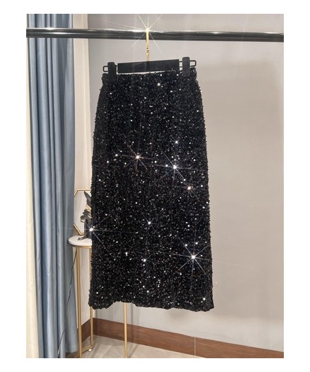 2022 New Thickened French High-waisted Slim Versatile Mid-length Skirt with Hip Wrap Slit Black Sequin Skirt for Women $63.14...