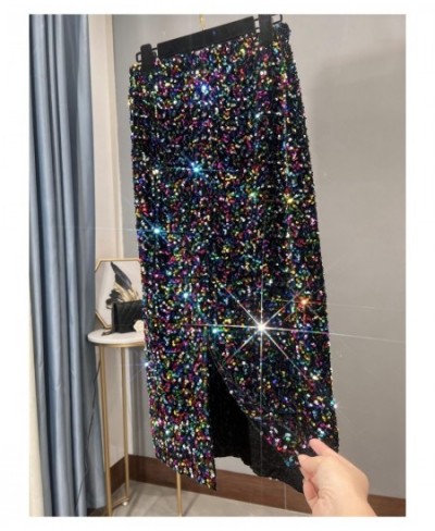 2022 New Thickened French High-waisted Slim Versatile Mid-length Skirt with Hip Wrap Slit Black Sequin Skirt for Women $63.14...