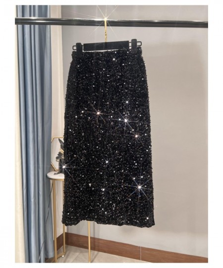 2022 New Thickened French High-waisted Slim Versatile Mid-length Skirt with Hip Wrap Slit Black Sequin Skirt for Women $63.14...