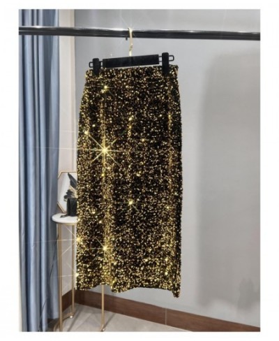 2022 New Thickened French High-waisted Slim Versatile Mid-length Skirt with Hip Wrap Slit Black Sequin Skirt for Women $63.14...