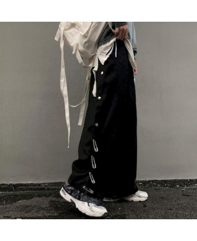 Hip Hop Pants Men Women Breasted Pin Wide Leg Pants Straight Leg Pants Trendy Baggy Loose Casual Fashion Goth Punk Male Botto...