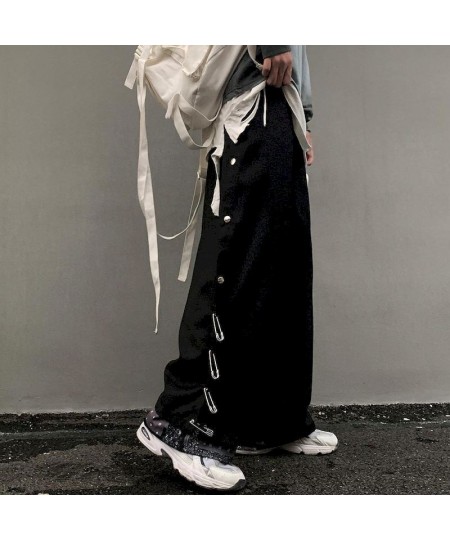 Hip Hop Pants Men Women Breasted Pin Wide Leg Pants Straight Leg Pants Trendy Baggy Loose Casual Fashion Goth Punk Male Botto...