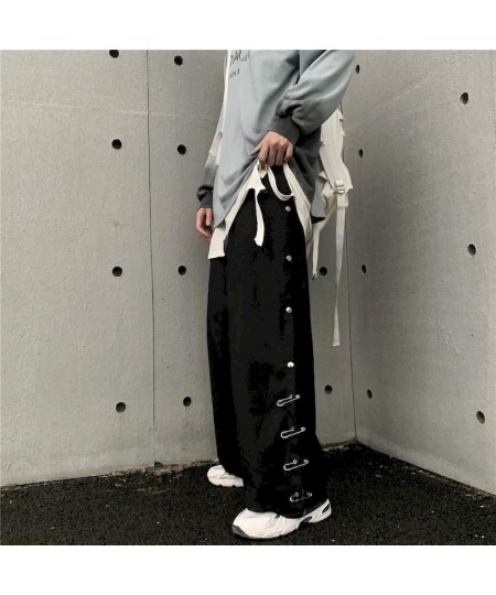 Hip Hop Pants Men Women Breasted Pin Wide Leg Pants Straight Leg Pants Trendy Baggy Loose Casual Fashion Goth Punk Male Botto...