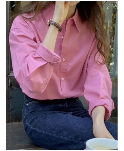 Shirt for Women Spring 2023 New Pink Button Up Turn Down Collar tops Korean Fashion Office Ladies Casual Harajuku Shirt $25.6...