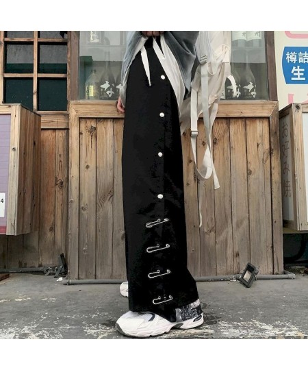 Hip Hop Pants Men Women Breasted Pin Wide Leg Pants Straight Leg Pants Trendy Baggy Loose Casual Fashion Goth Punk Male Botto...