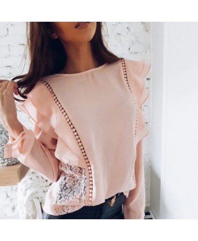 Spring Lady New Sexy Lace Hollow Stitched Chiffon Blouse O-Neck Long Sleeve Ruffle Sweet Causal Solid Shirts 6Q1501 $29.33 - ...