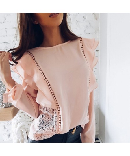 Spring Lady New Sexy Lace Hollow Stitched Chiffon Blouse O-Neck Long Sleeve Ruffle Sweet Causal Solid Shirts 6Q1501 $29.33 - ...