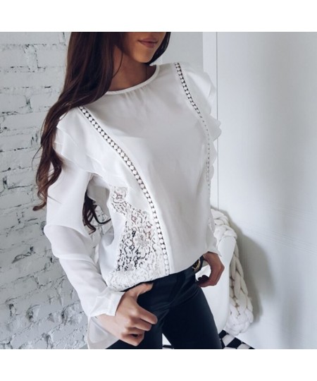 Spring Lady New Sexy Lace Hollow Stitched Chiffon Blouse O-Neck Long Sleeve Ruffle Sweet Causal Solid Shirts 6Q1501 $29.33 - ...