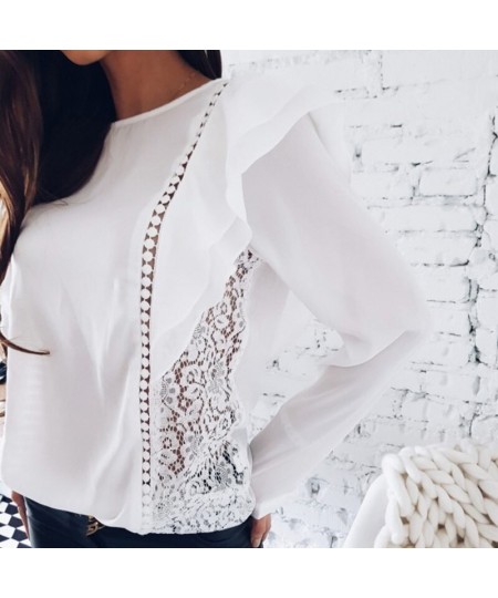 Spring Lady New Sexy Lace Hollow Stitched Chiffon Blouse O-Neck Long Sleeve Ruffle Sweet Causal Solid Shirts 6Q1501 $29.33 - ...