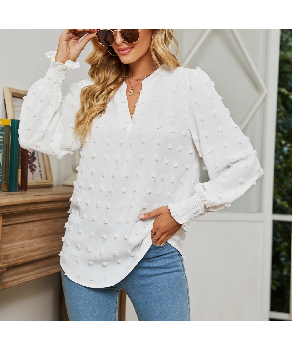 Ins hotsale 2023 spring new polka dot long-sleeved top bubble sleeve V-neck shirt $33.77 - Tops & Tees