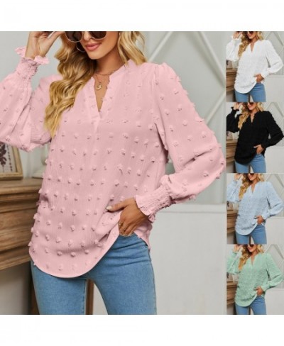 Ins hotsale 2023 spring new polka dot long-sleeved top bubble sleeve V-neck shirt $33.77 - Tops & Tees