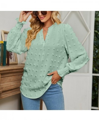 Ins hotsale 2023 spring new polka dot long-sleeved top bubble sleeve V-neck shirt $33.77 - Tops & Tees