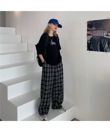 Autumn Women Plaid Pants Casual Oversize Loose Wide Leg Trouser Retro Teens Harajuku Black Hip Hop All Match Streetwear 3XL $...