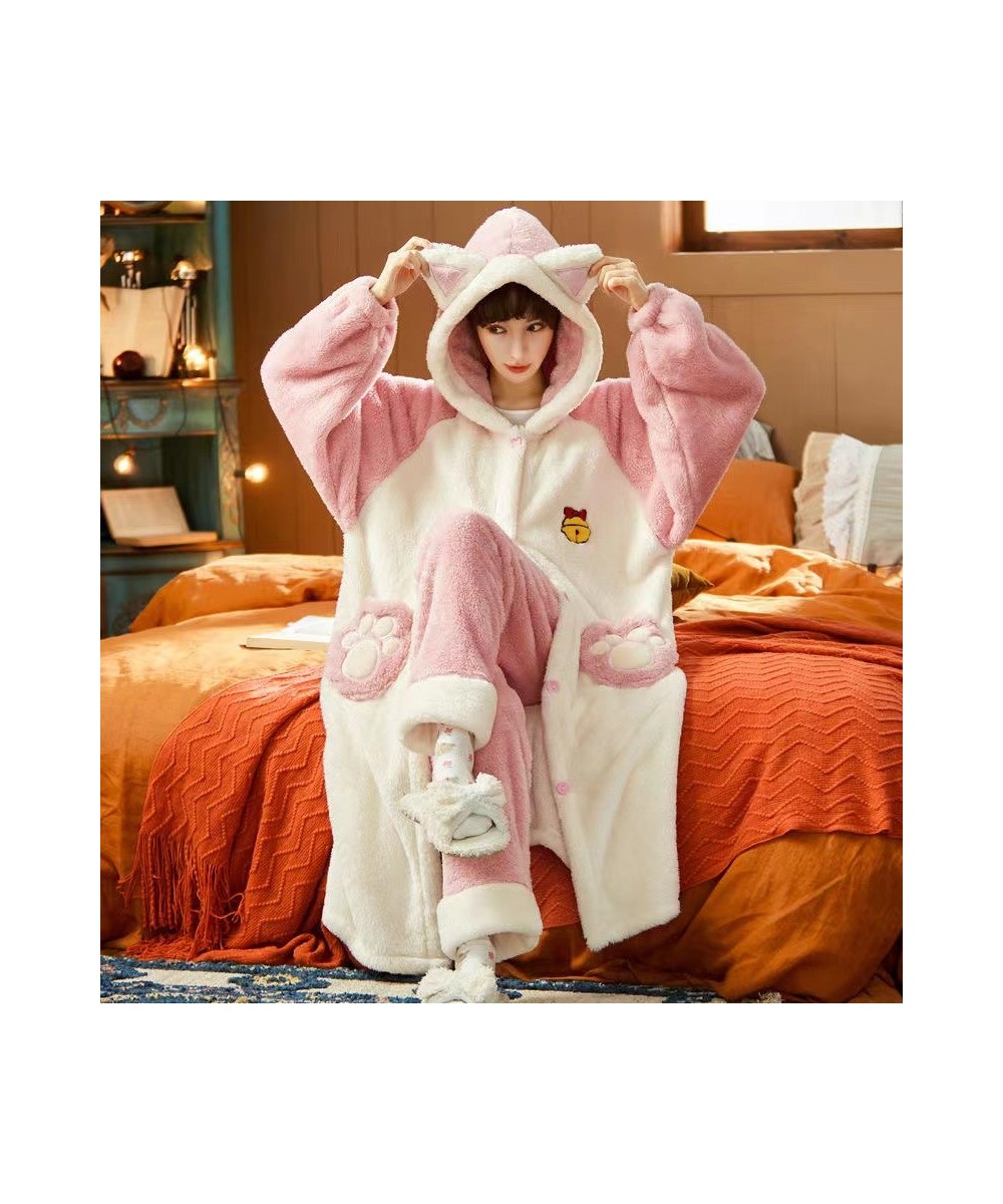 Autumn Winter Women Hooded Pajama Sets Thicken Warm Coral Fleece Sleepwear Sweet Cute Female Homewear Home Clothes $73.80 - S...