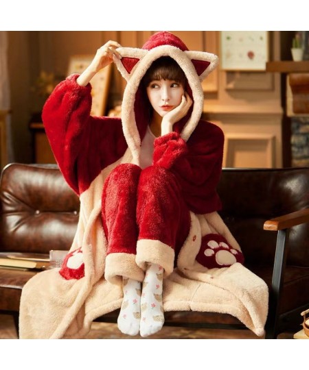 Autumn Winter Women Hooded Pajama Sets Thicken Warm Coral Fleece Sleepwear Sweet Cute Female Homewear Home Clothes $73.80 - S...