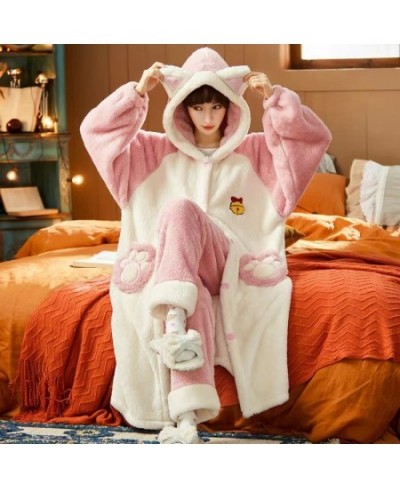 Autumn Winter Women Hooded Pajama Sets Thicken Warm Coral Fleece Sleepwear Sweet Cute Female Homewear Home Clothes $73.80 - S...