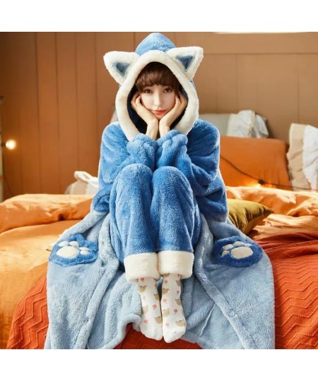 Autumn Winter Women Hooded Pajama Sets Thicken Warm Coral Fleece Sleepwear Sweet Cute Female Homewear Home Clothes $73.80 - S...