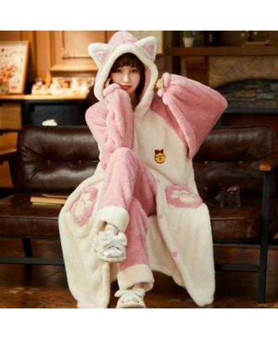 Autumn Winter Women Hooded Pajama Sets Thicken Warm Coral Fleece Sleepwear Sweet Cute Female Homewear Home Clothes $73.80 - S...