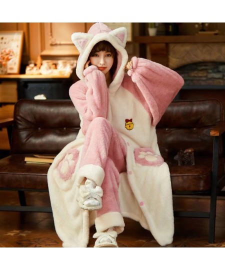 Autumn Winter Women Hooded Pajama Sets Thicken Warm Coral Fleece Sleepwear Sweet Cute Female Homewear Home Clothes $73.80 - S...