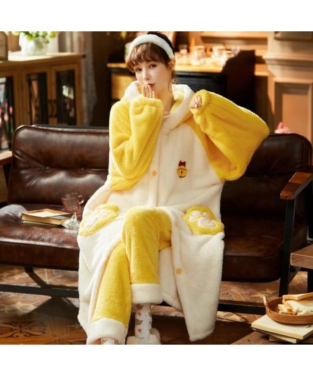 Autumn Winter Women Hooded Pajama Sets Thicken Warm Coral Fleece Sleepwear Sweet Cute Female Homewear Home Clothes $73.80 - S...