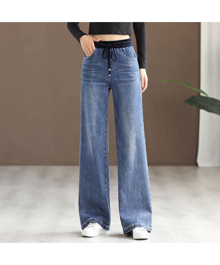 Elastic Waist Denim Wide-leg Pants Women's Spring 2023 New Korean Style High-waist Slim Loose Wild Trend Straight-leg Pants $...