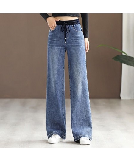 Elastic Waist Denim Wide-leg Pants Women's Spring 2023 New Korean Style High-waist Slim Loose Wild Trend Straight-leg Pants $...