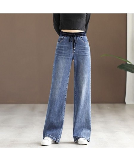 Elastic Waist Denim Wide-leg Pants Women's Spring 2023 New Korean Style High-waist Slim Loose Wild Trend Straight-leg Pants $...