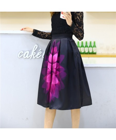 2023 Spring Autumn Audrey Hepburn Vintage Retro Fantasy Purple Flower Floral Print High Waist Pleated Midi Skirt Black Saias ...