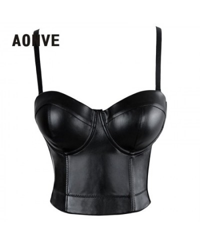 Women Summer Sexy Top PU Leather Festival Clothing Tops Bralette Cropped Top Female Punk Goth Clubwear Black Red Plus Size $3...